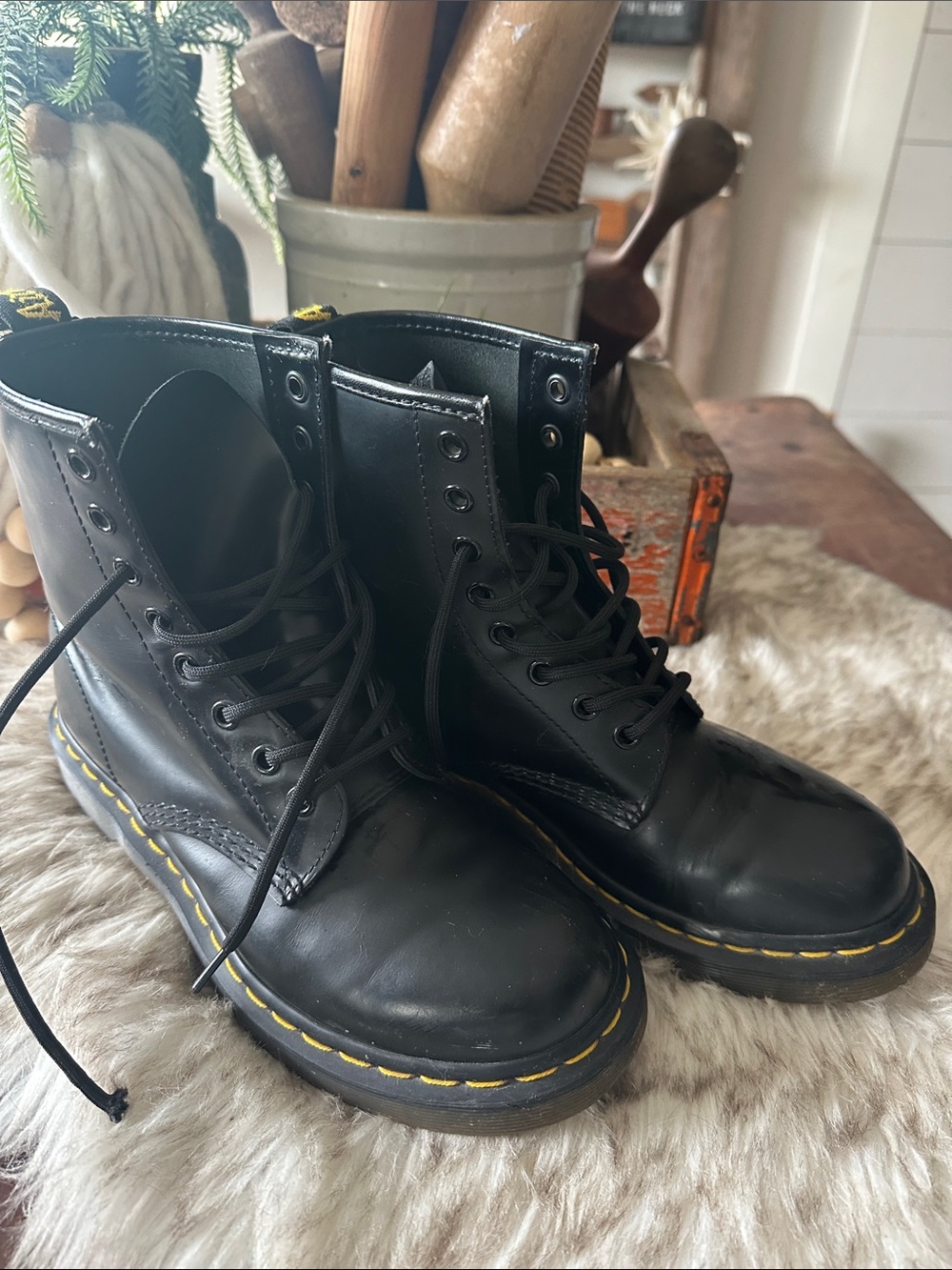 Dr. Martens Black Leather Lace-Up Boots with Yellow Stitching